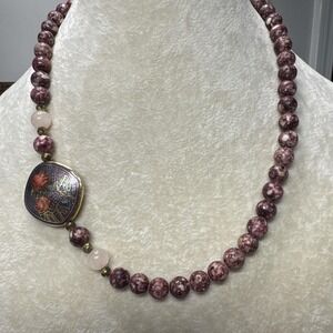 VTG Cloisonne 2 Sided Pendant Purple Stone Rose Quarts Beaded Necklace 17" Boho